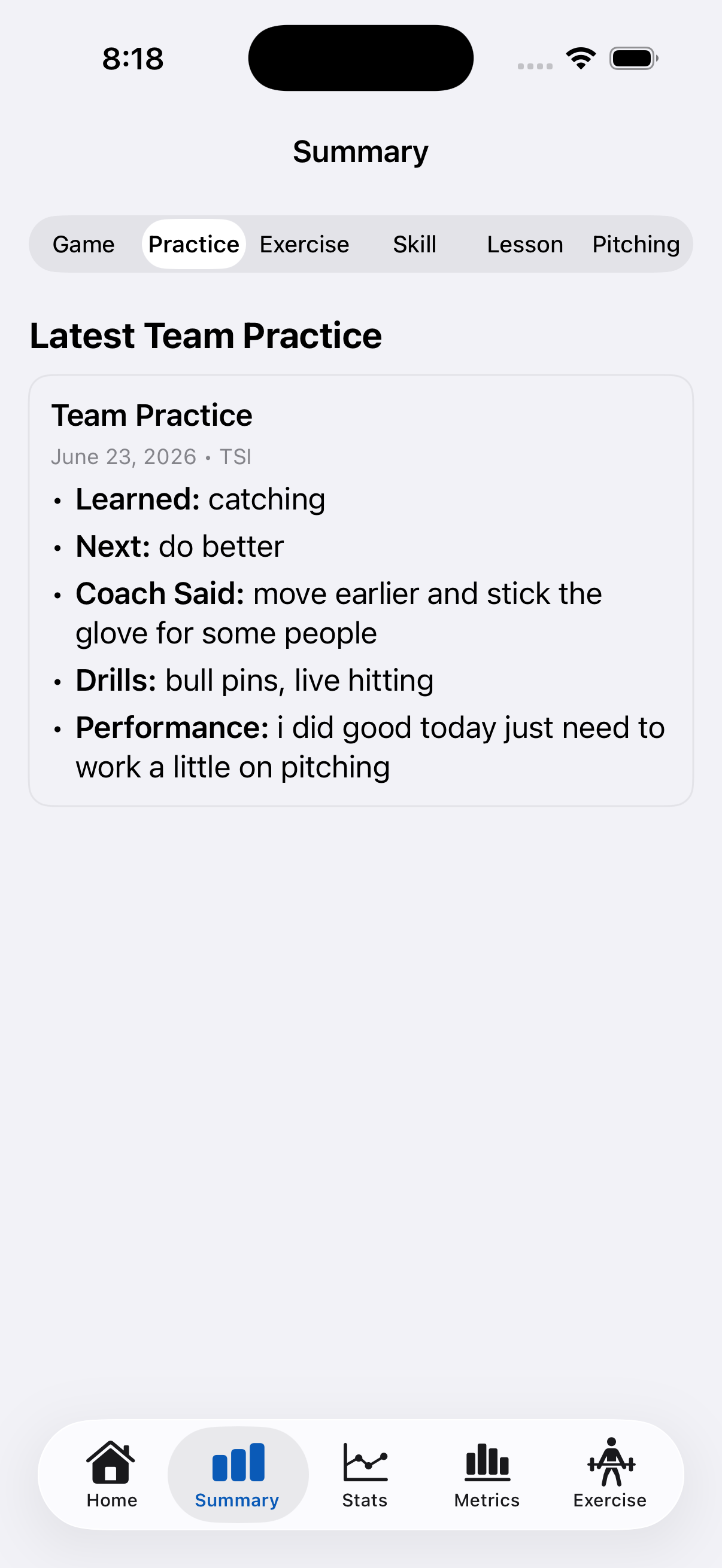 MyLog practice journal on iPhone